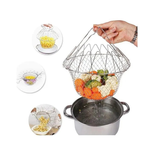 Stainless Steel Multi-functional Foldable Cooking Chef Basket Deluxe Kitchen Colander, Mesh Steam Rinse Strain Fry Basket Deep Fryer